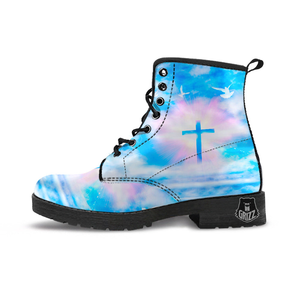 White Doves And Christian Cross Print Leather Boots-grizzshop