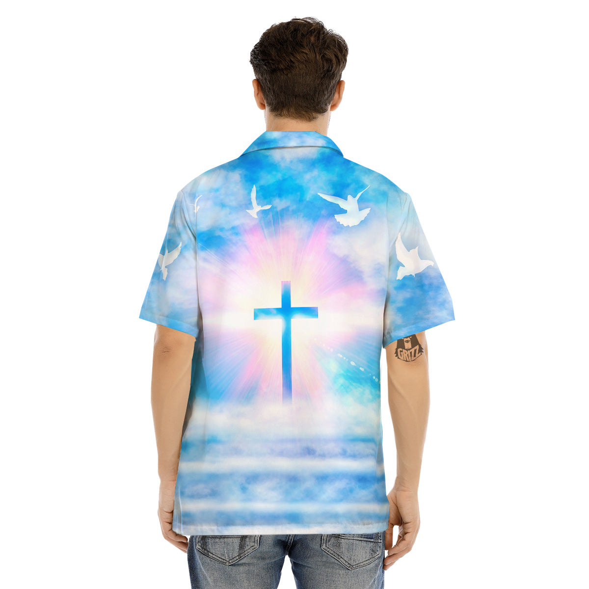 White Doves And Christian Cross Print Men's Hawaiian Shirt-grizzshop