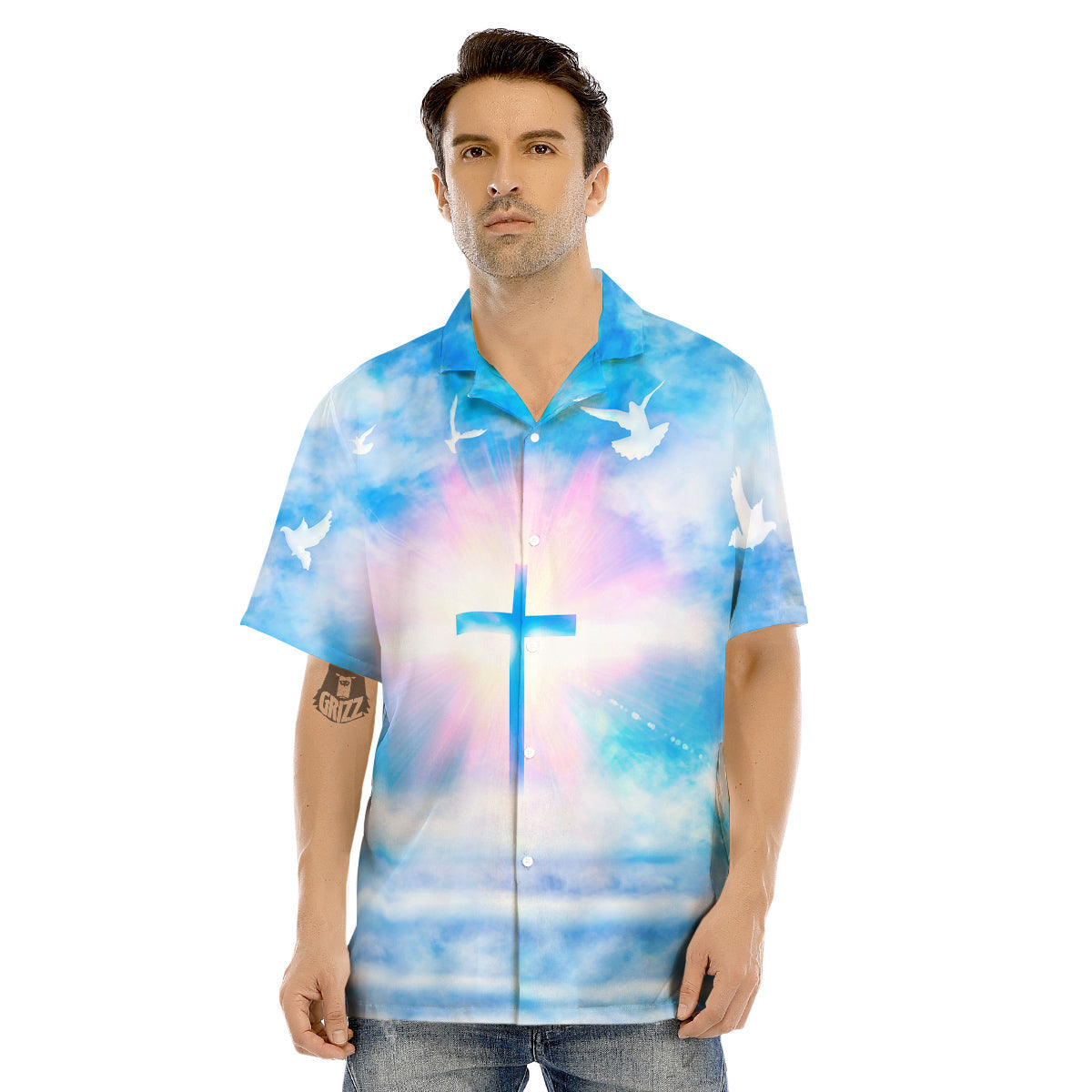 White Doves And Christian Cross Print Men's Hawaiian Shirt-grizzshop