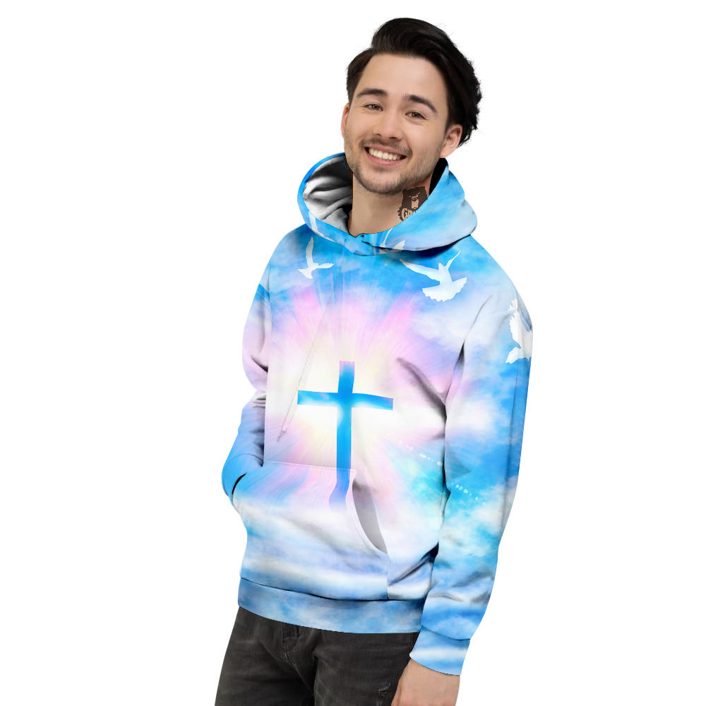 White Doves And Christian Cross Print Men's Hoodie-grizzshop
