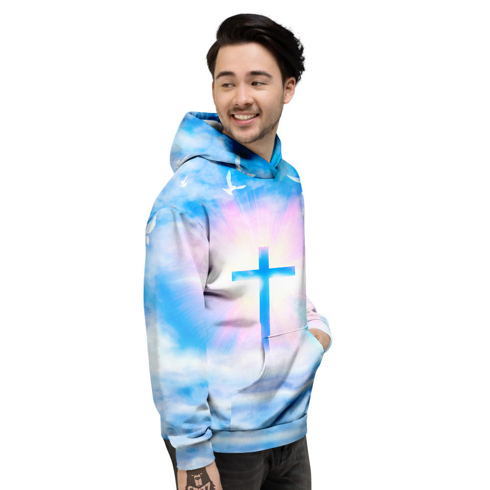 White Doves And Christian Cross Print Men's Hoodie-grizzshop