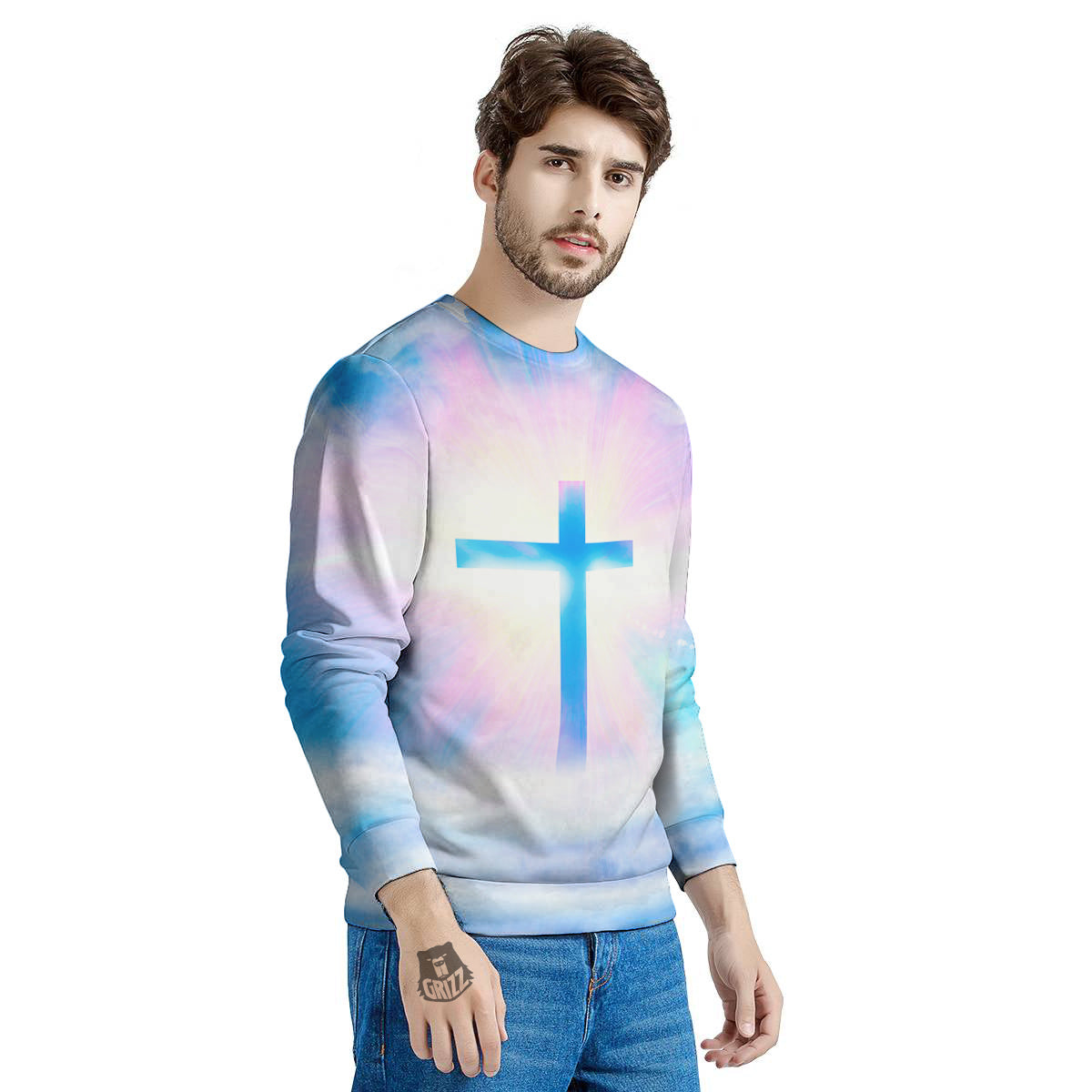 White Doves And Christian Cross Print Men's Sweatshirt-grizzshop