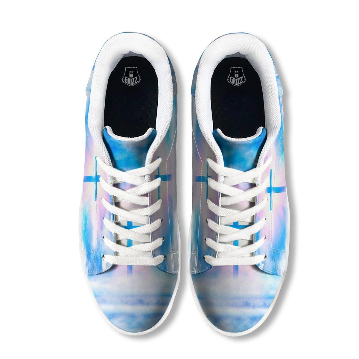 White Doves And Christian Cross Print White Low Top Sneakers-grizzshop