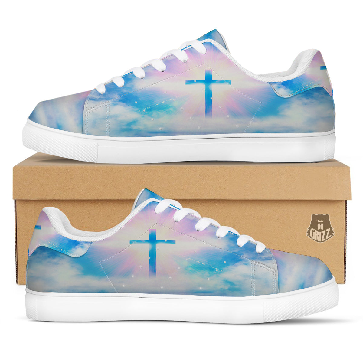 White Doves And Christian Cross Print White Low Top Sneakers-grizzshop