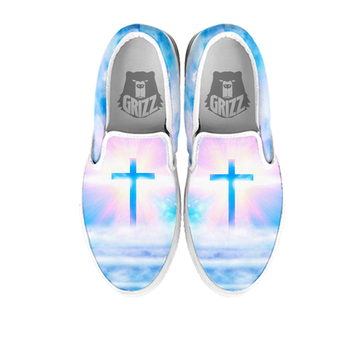 White Doves And Christian Cross Print White Slip On Shoes-grizzshop