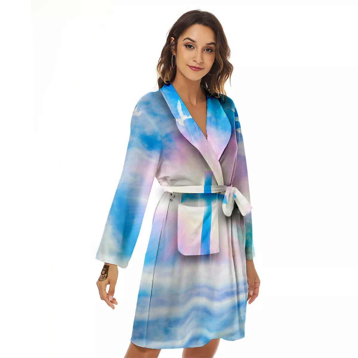White Doves And Christian Cross Print Women's Robe-grizzshop