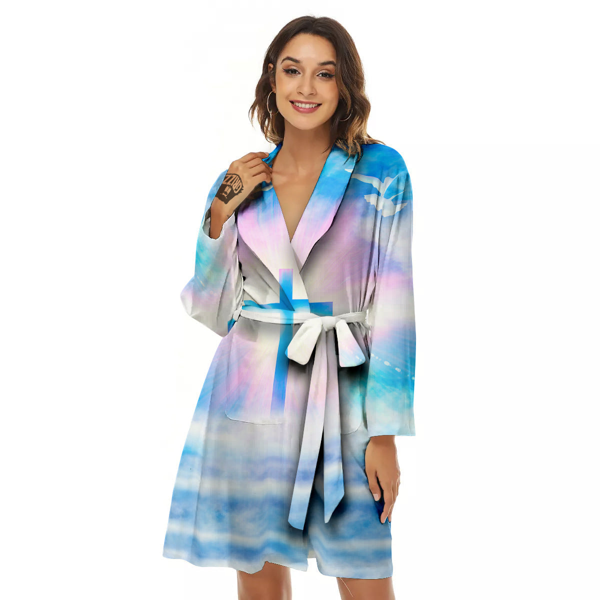 White Doves And Christian Cross Print Women's Robe-grizzshop