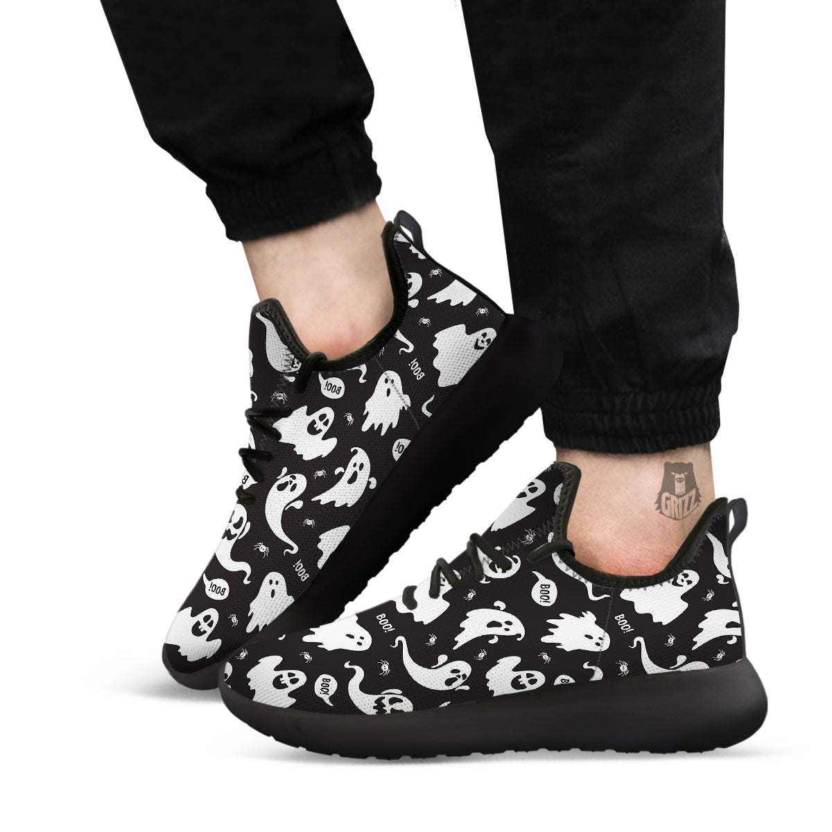 White Ghost Print Pattern Black Athletic Shoes-grizzshop