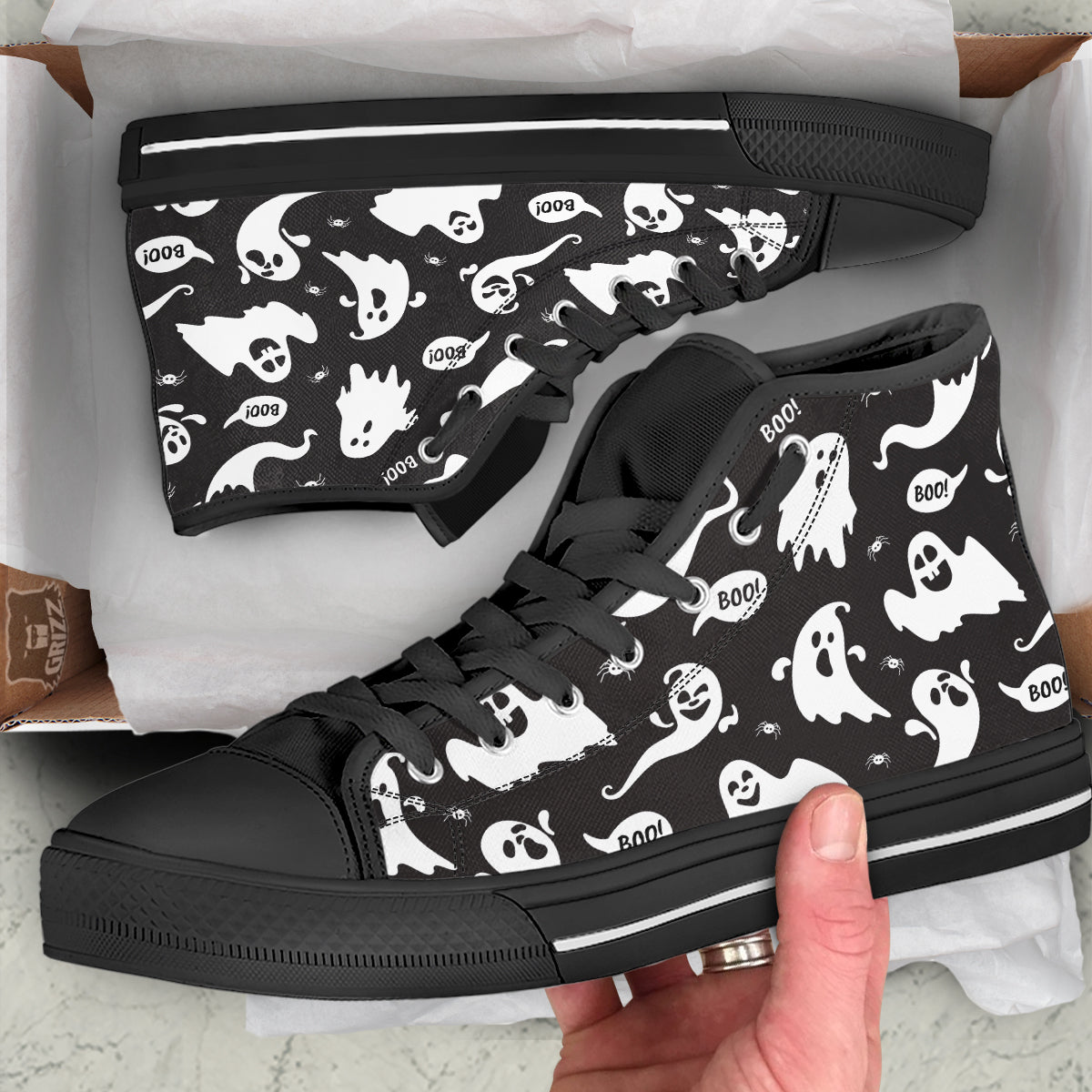 White Ghost Print Pattern Black High Top Shoes-grizzshop