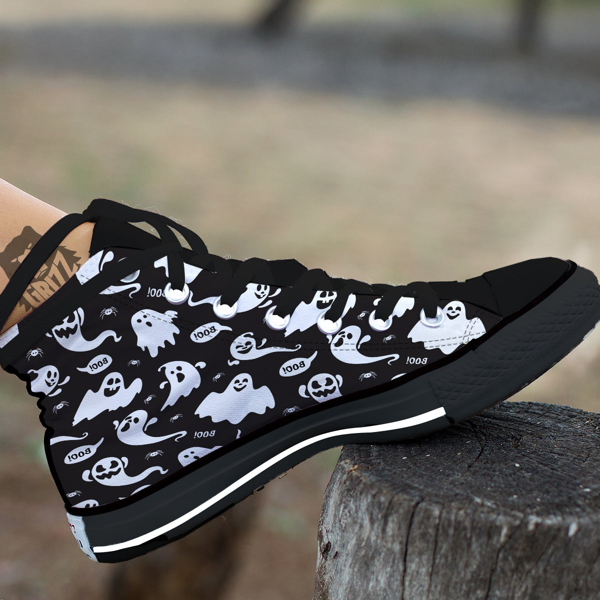 White Ghost Print Pattern Black High Top Shoes-grizzshop