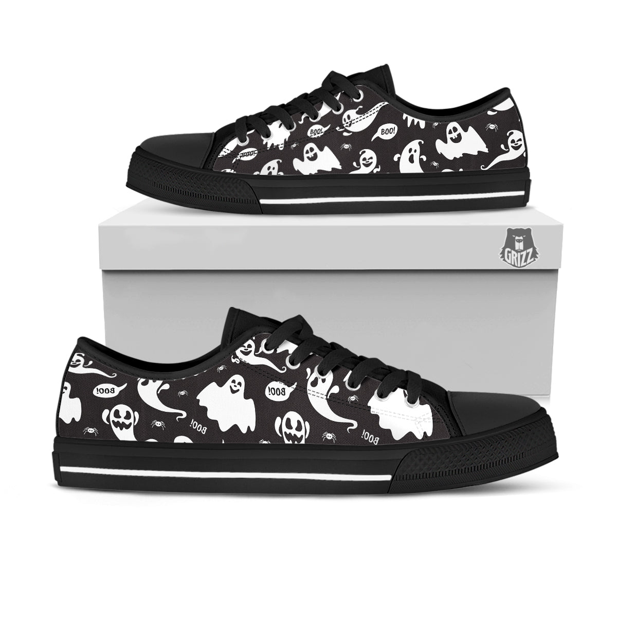 White Ghost Print Pattern Black Low Top Shoes-grizzshop