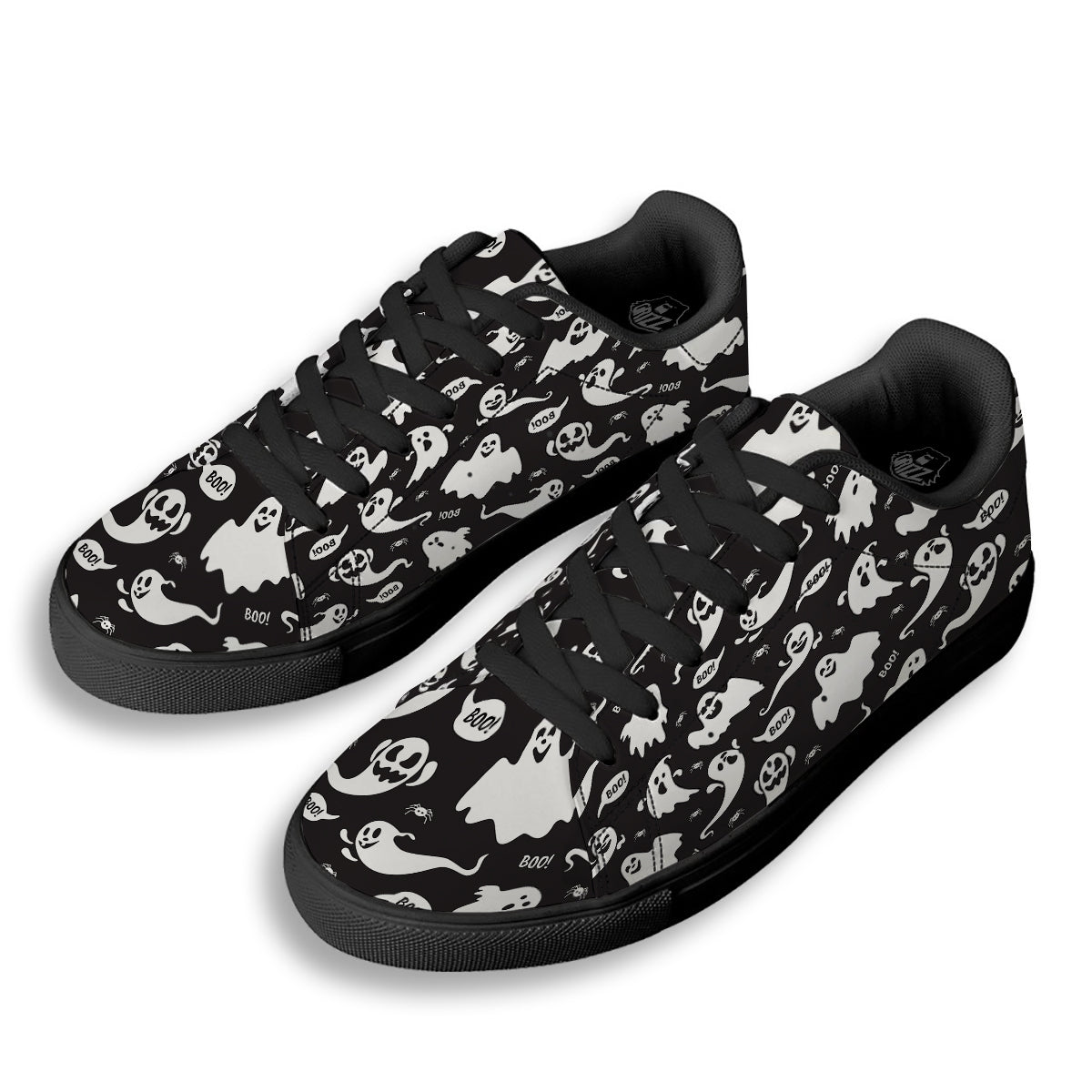 White Ghost Print Pattern Black Low Top Sneakers-grizzshop