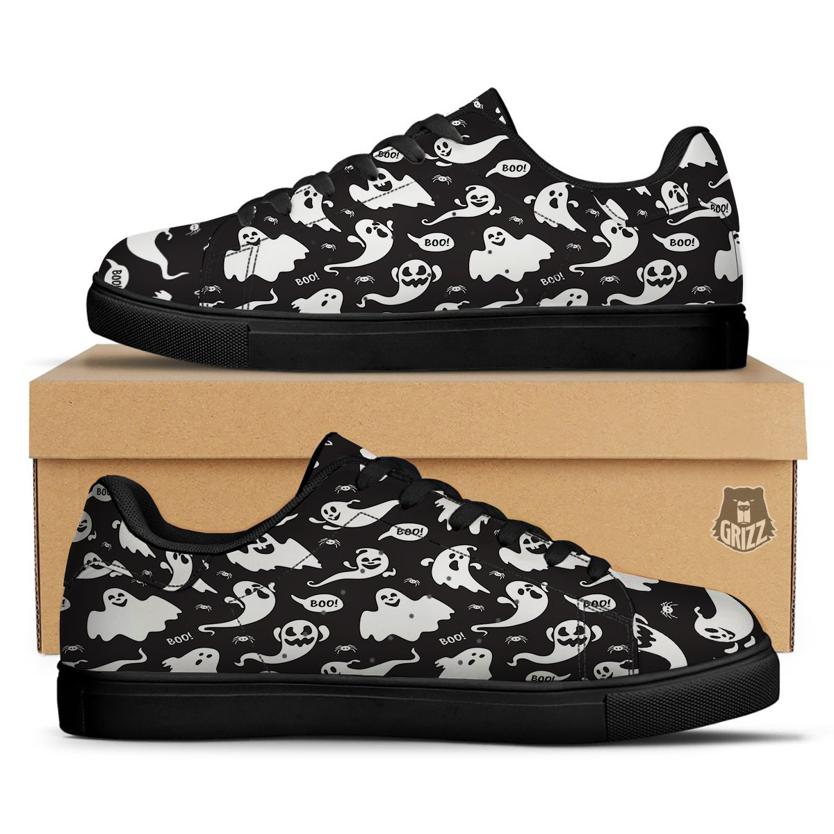 White Ghost Print Pattern Black Low Top Sneakers-grizzshop