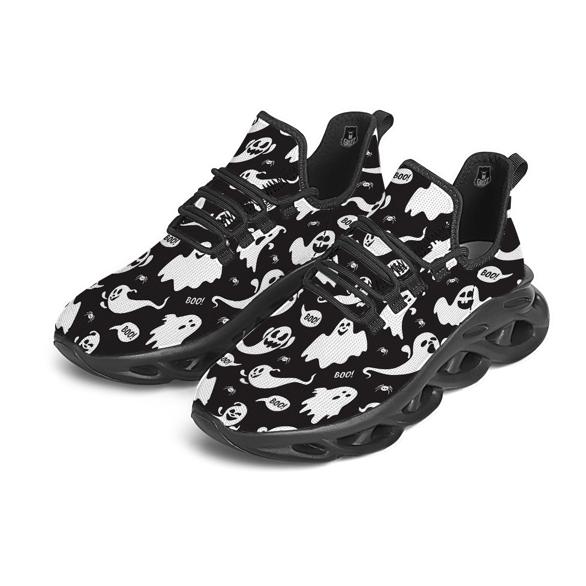 White Ghost Print Pattern Black Running Shoes-grizzshop