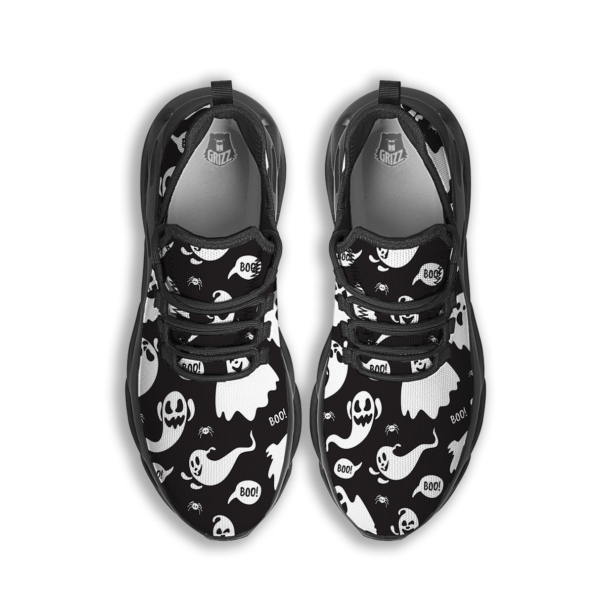 White Ghost Print Pattern Black Running Shoes-grizzshop