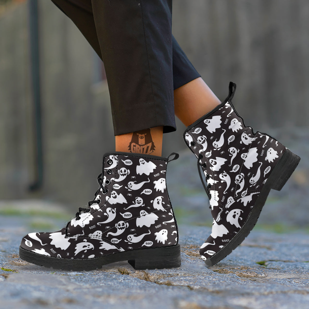 White Ghost Print Pattern Leather Boots-grizzshop