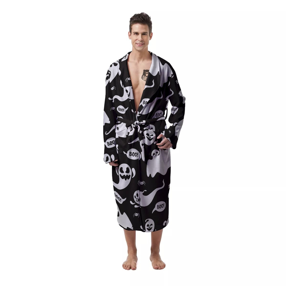 White Ghost Print Pattern Men's Robe-grizzshop