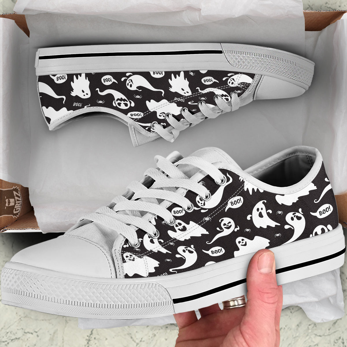 White Ghost Print Pattern White Low Top Shoes-grizzshop