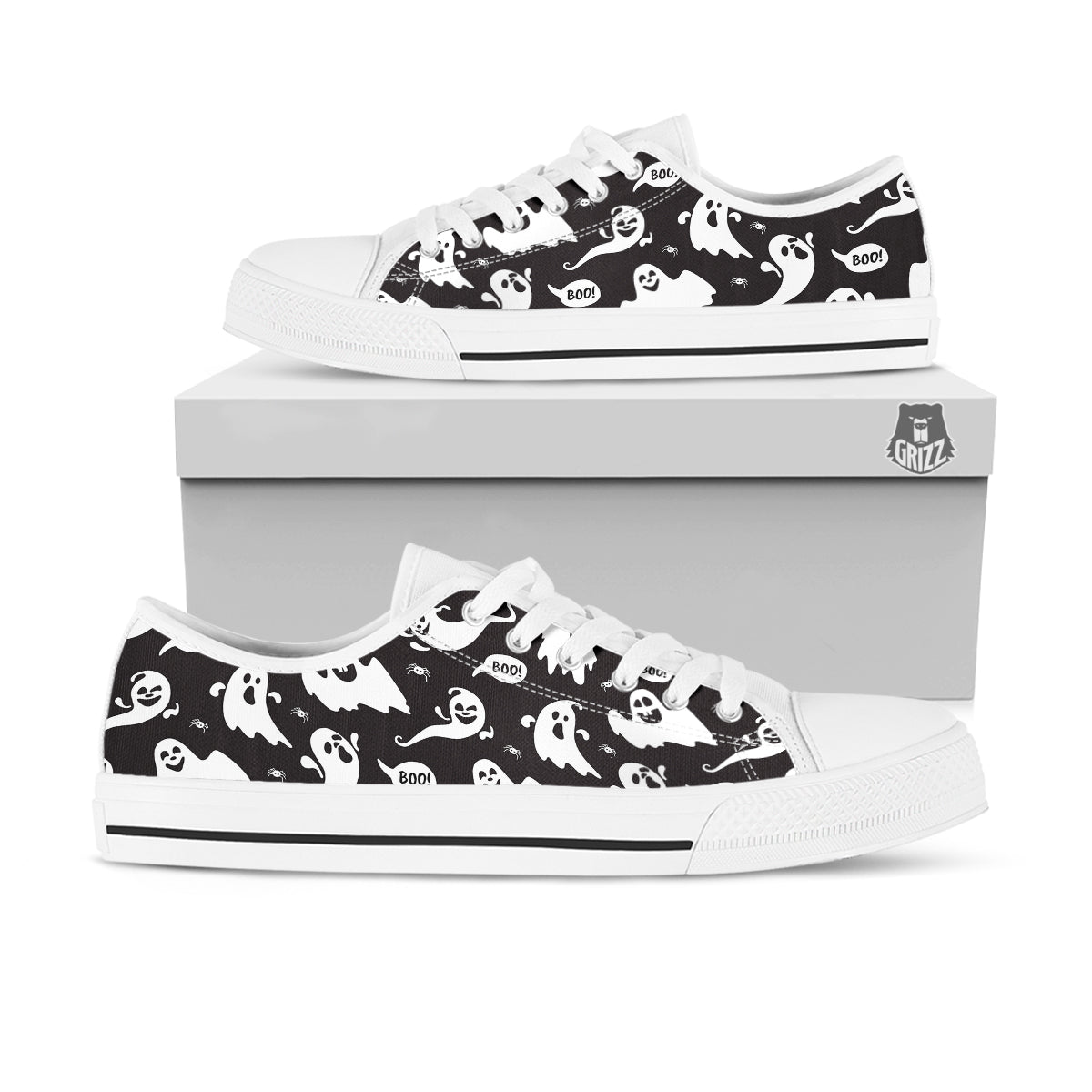 White Ghost Print Pattern White Low Top Shoes-grizzshop