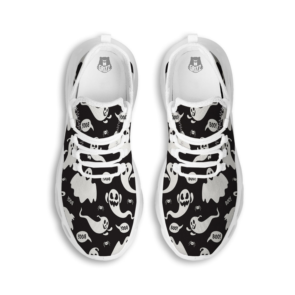 White Ghost Print Pattern White Running Shoes-grizzshop