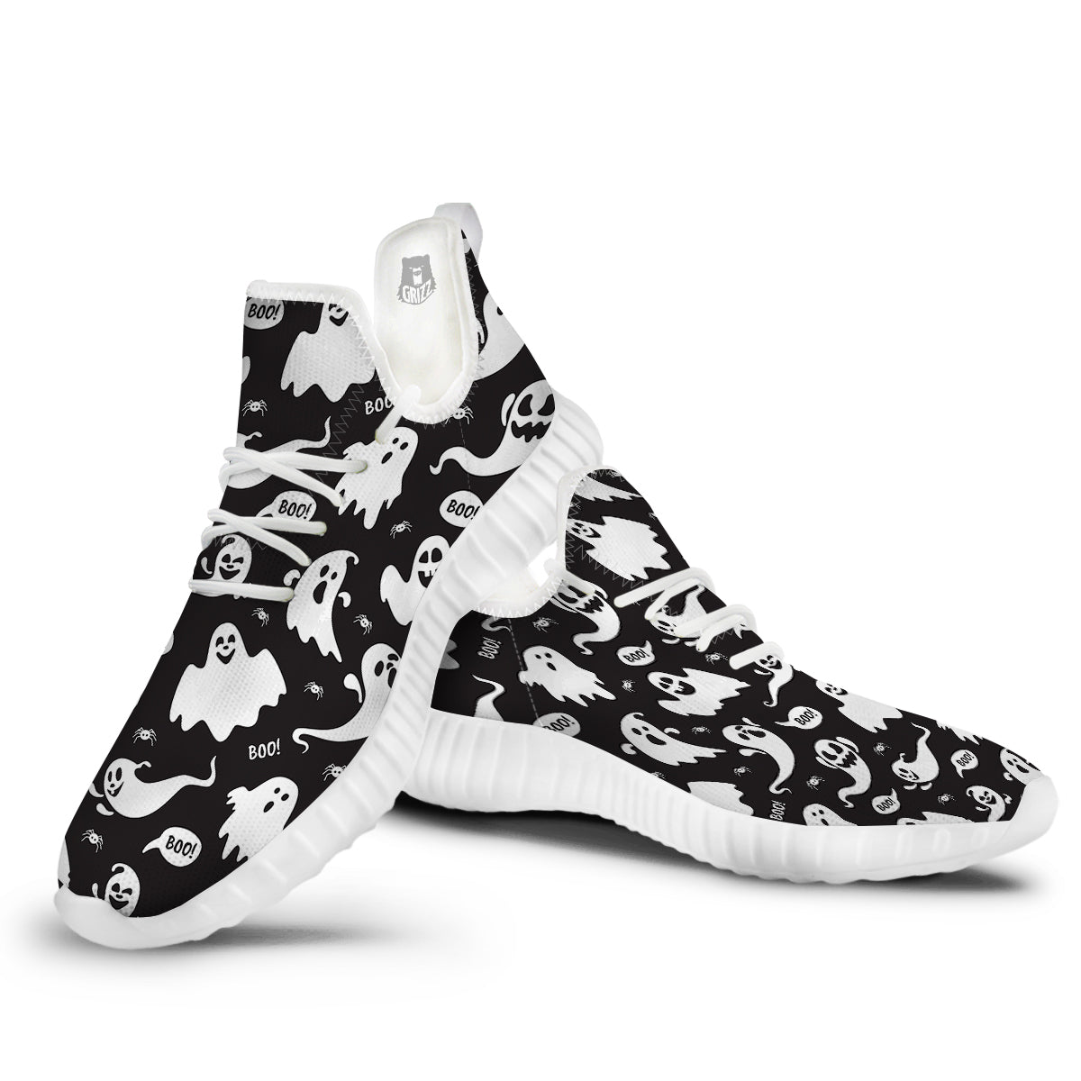 White Ghost Print Pattern White Walking Shoes-grizzshop