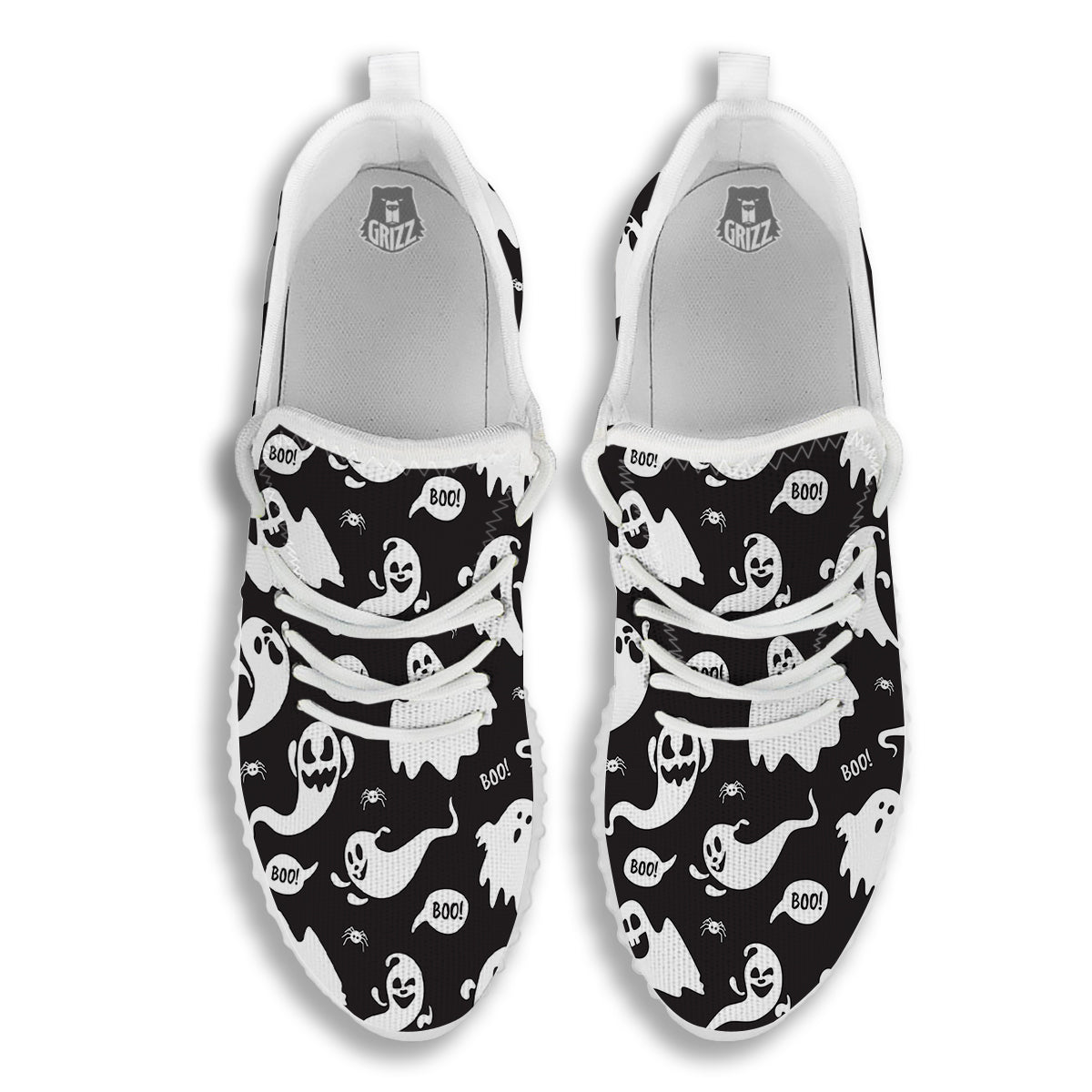 White Ghost Print Pattern White Walking Shoes-grizzshop