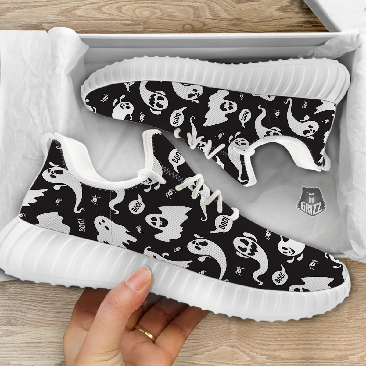 White Ghost Print Pattern White Walking Shoes-grizzshop