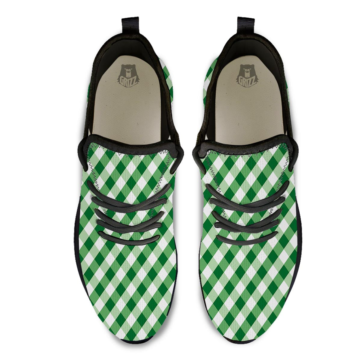 White Gingham And Green Shamrock Print Pattern Black Athletic Shoes-grizzshop