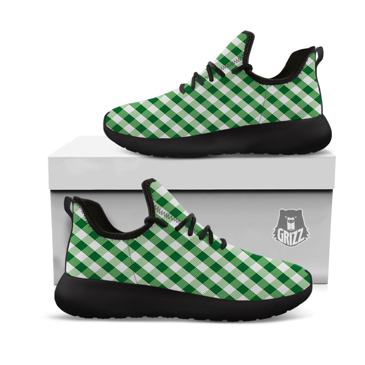 White Gingham And Green Shamrock Print Pattern Black Athletic Shoes-grizzshop