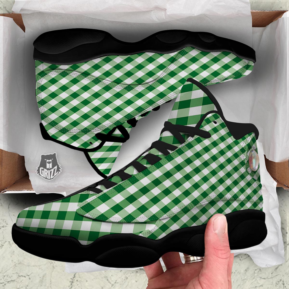 White Gingham And Green Shamrock Print Pattern Black Basketball Shoes-grizzshop