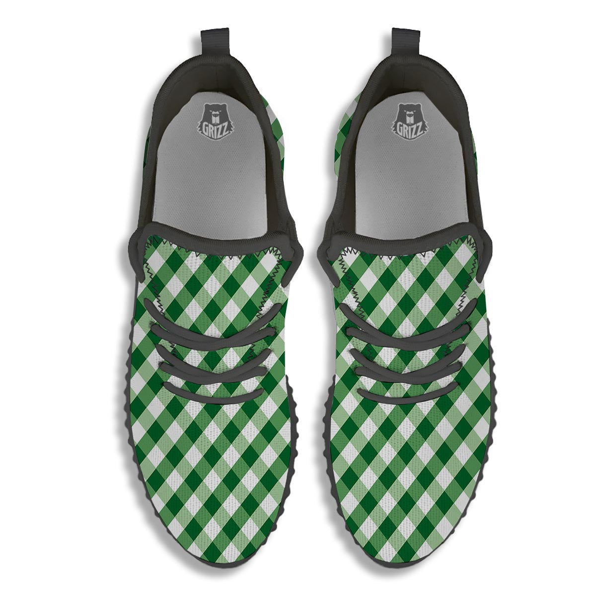 White Gingham And Green Shamrock Print Pattern Black Walking Shoes-grizzshop