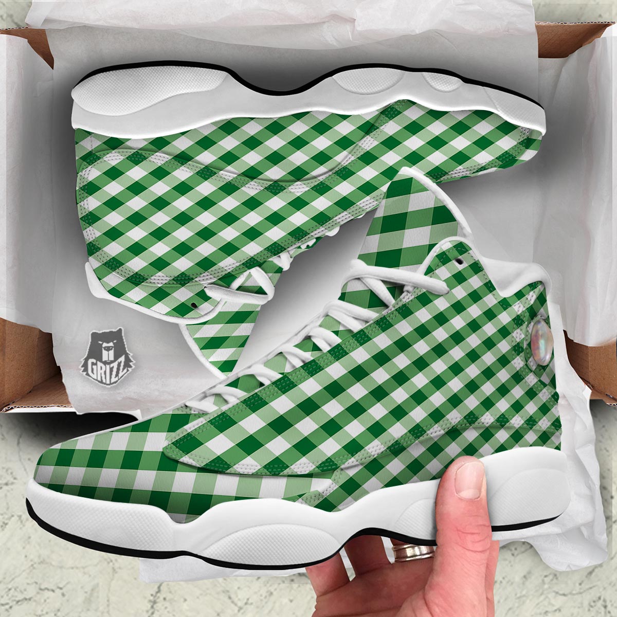 White Gingham And Green Shamrock Print Pattern White Basketball Shoes-grizzshop