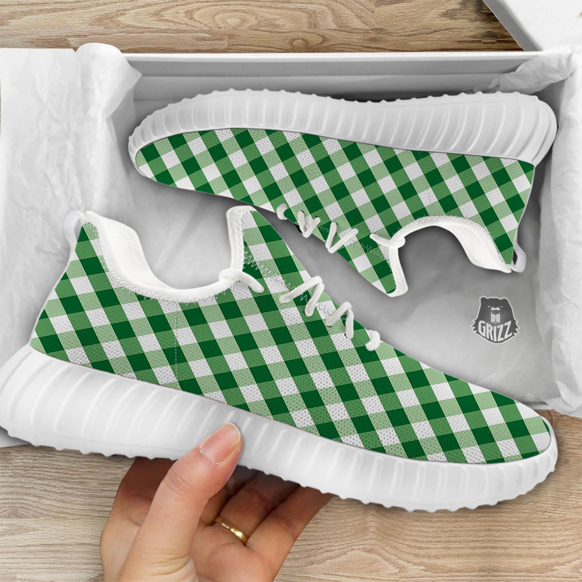 White Gingham And Green Shamrock Print Pattern White Walking Shoes-grizzshop
