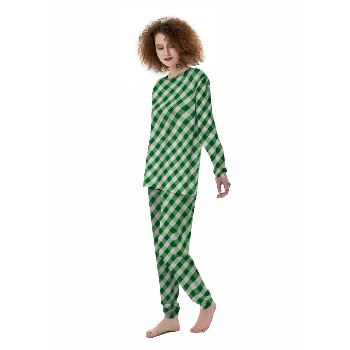 White Gingham And Green Shamrock Print Pattern Women's Pajamas-grizzshop