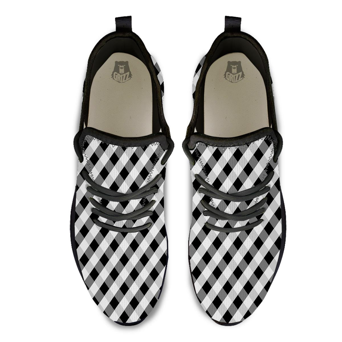 White Gingham And Grey Shadow Print Pattern Black Athletic Shoes-grizzshop