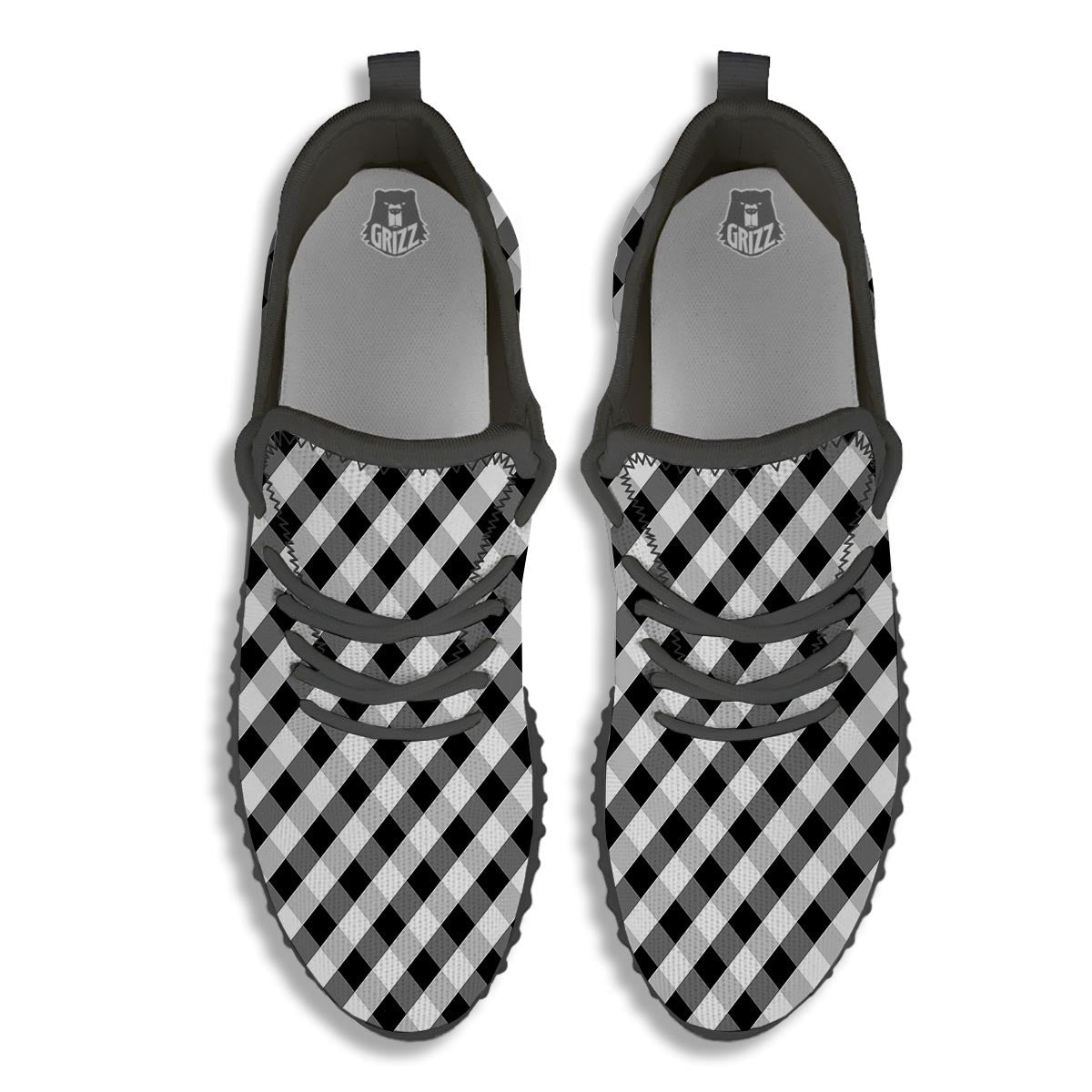 White Gingham And Grey Shadow Print Pattern Black Walking Shoes-grizzshop