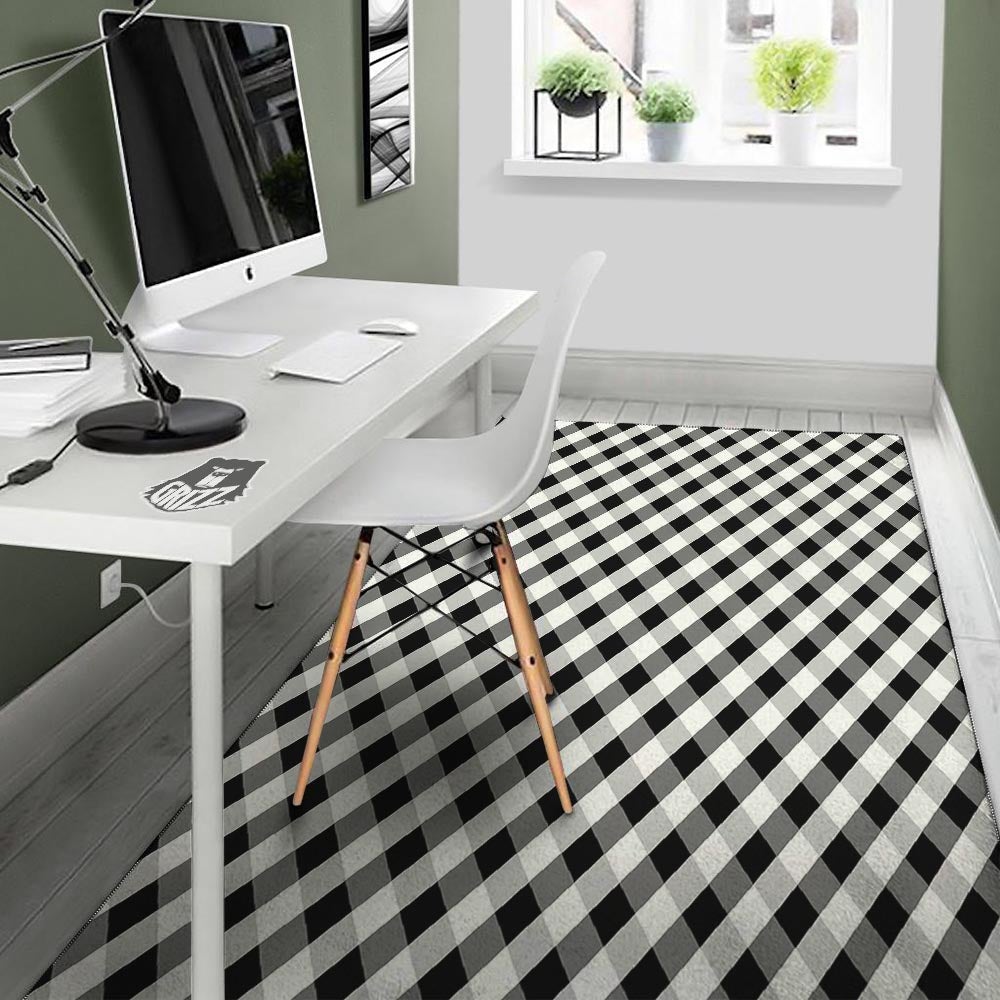 White Gingham And Grey Shadow Print Pattern Floor Mat-grizzshop