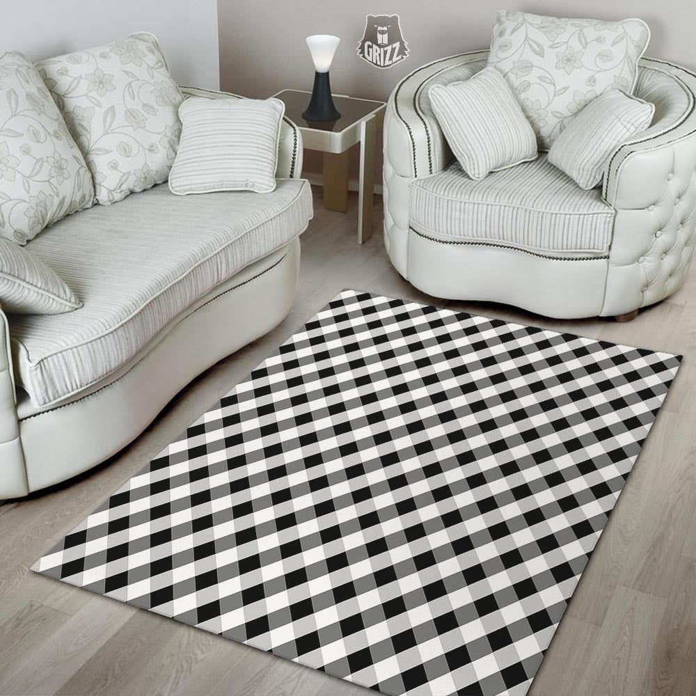 White Gingham And Grey Shadow Print Pattern Floor Mat-grizzshop