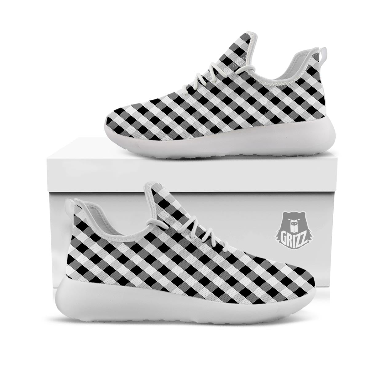 White Gingham And Grey Shadow Print Pattern White Athletic Shoes-grizzshop