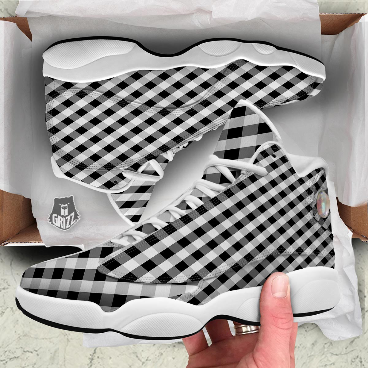 White Gingham And Grey Shadow Print Pattern White Basketball Shoes-grizzshop