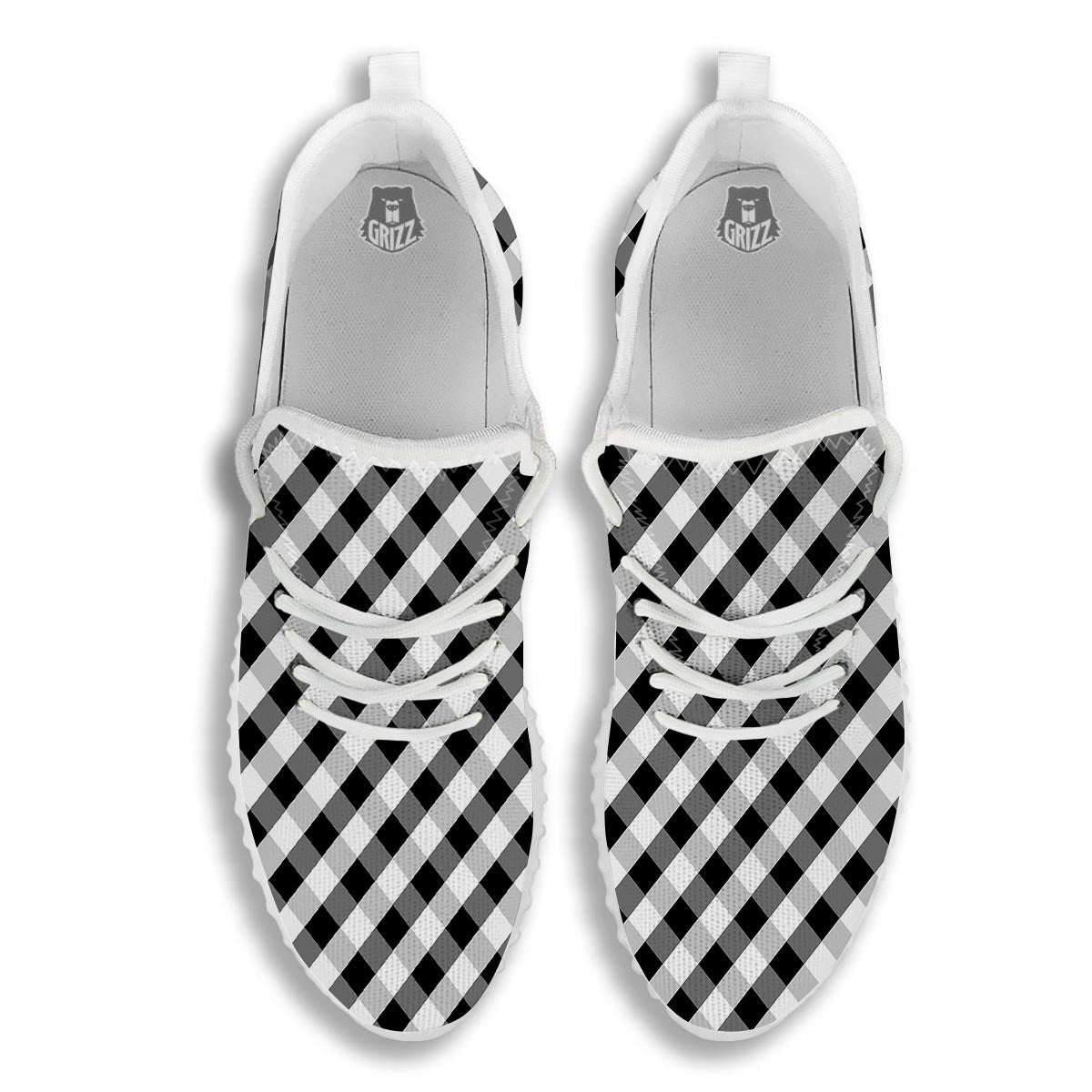 White Gingham And Grey Shadow Print Pattern White Walking Shoes-grizzshop