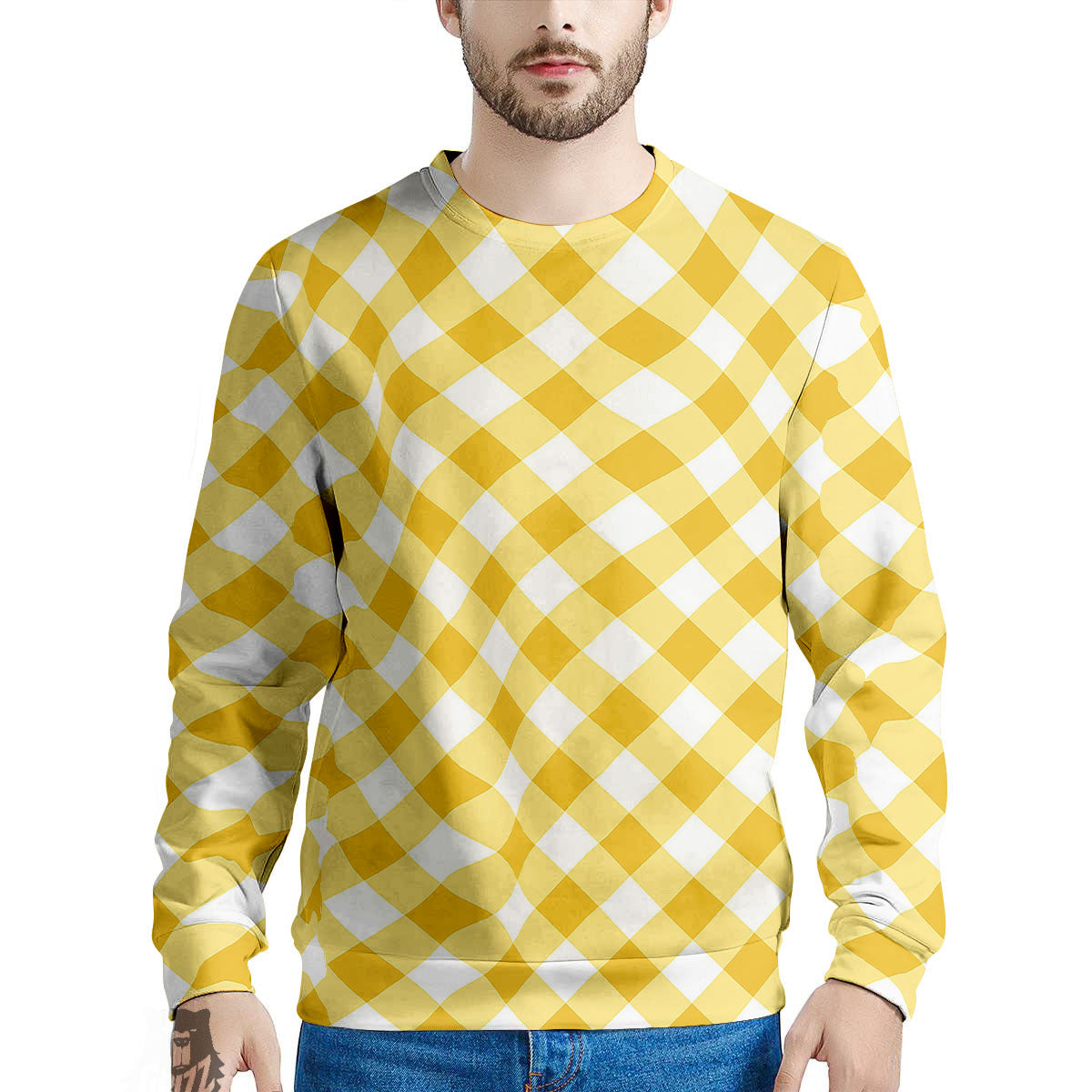 White Gingham And Yellow Honey Print Men's Sweatshirt-grizzshop