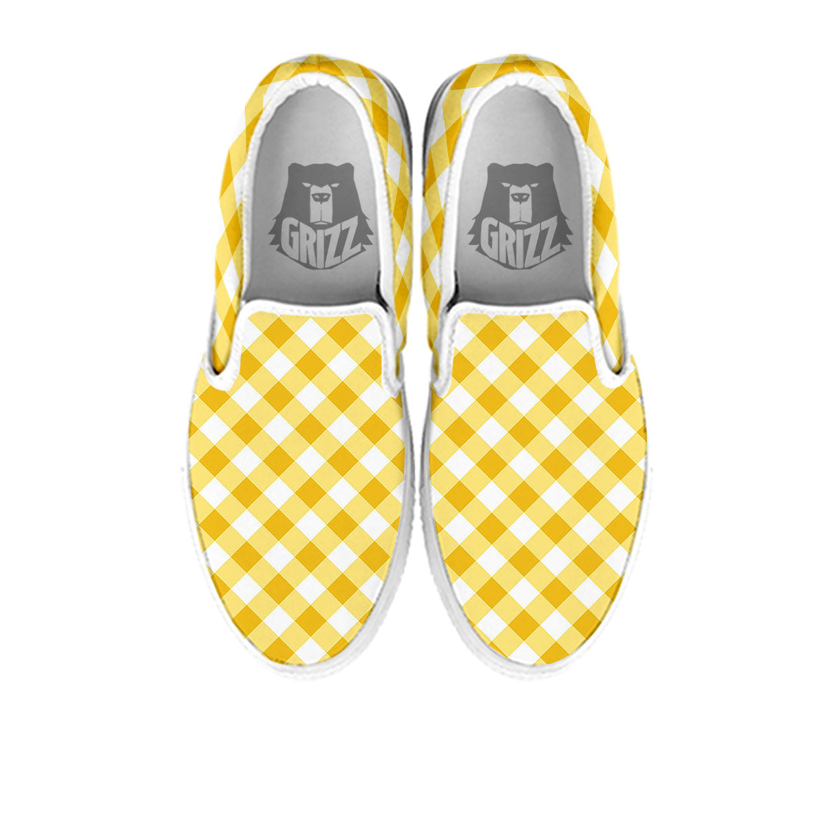 White Gingham And Yellow Honey Print White Slip On Shoes-grizzshop