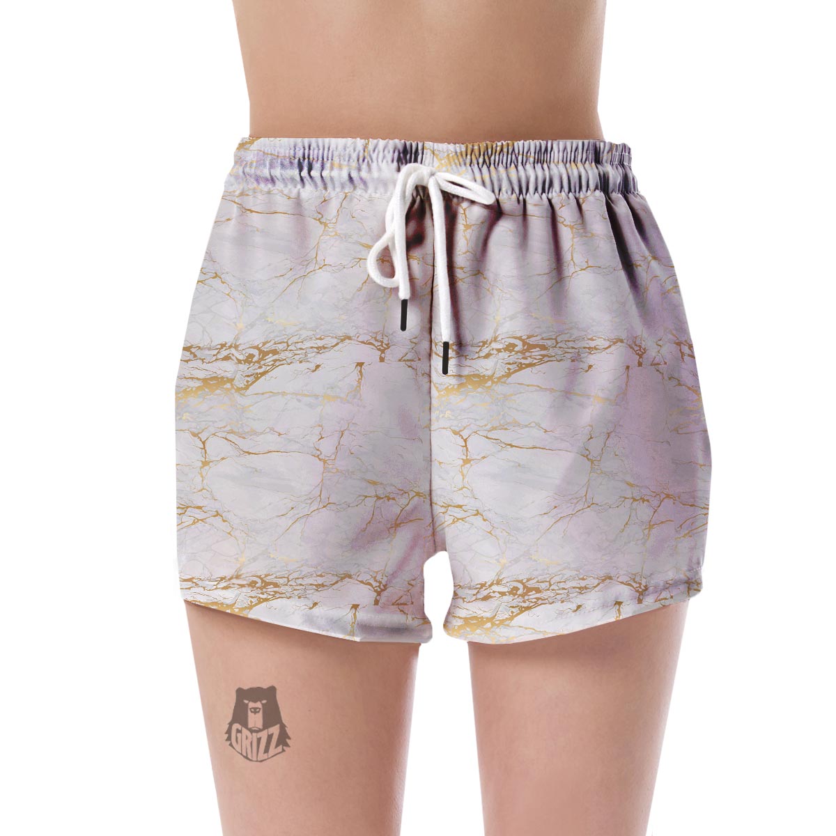 White Gold Marble Pattern Print Women's Shorts-grizzshop