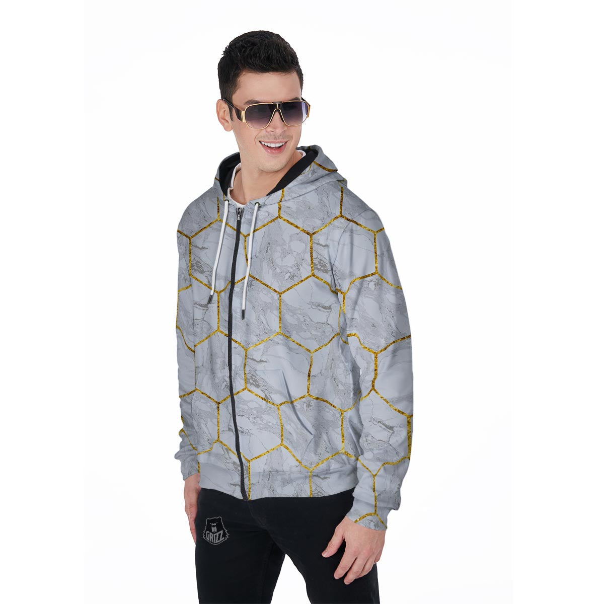 White Gold Tile Marble Men's Zip Up Hoodie-grizzshop