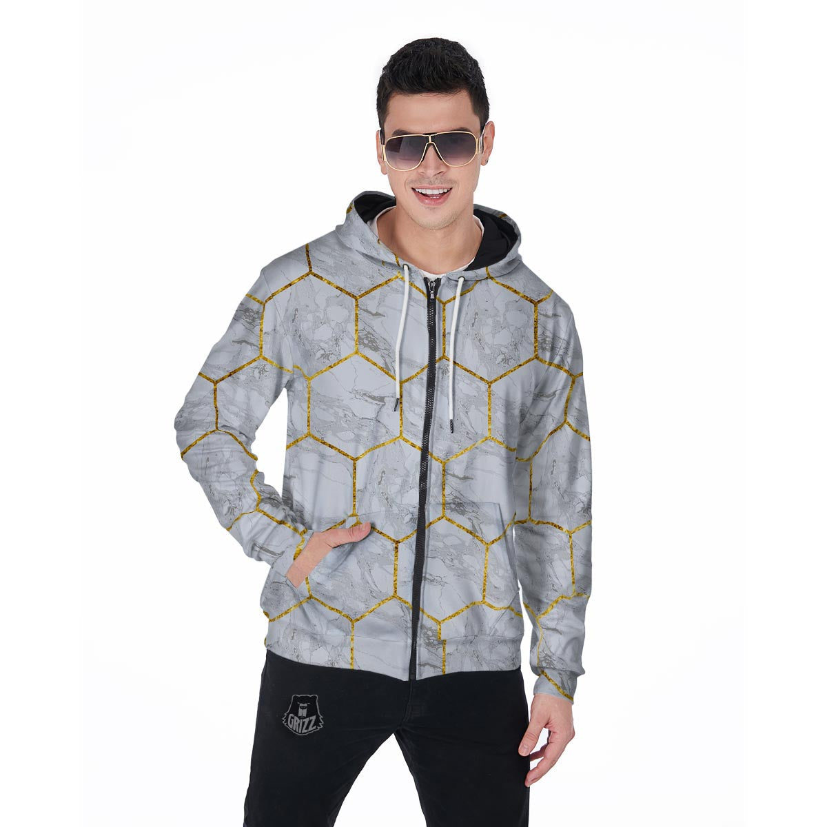 White Gold Tile Marble Men's Zip Up Hoodie-grizzshop