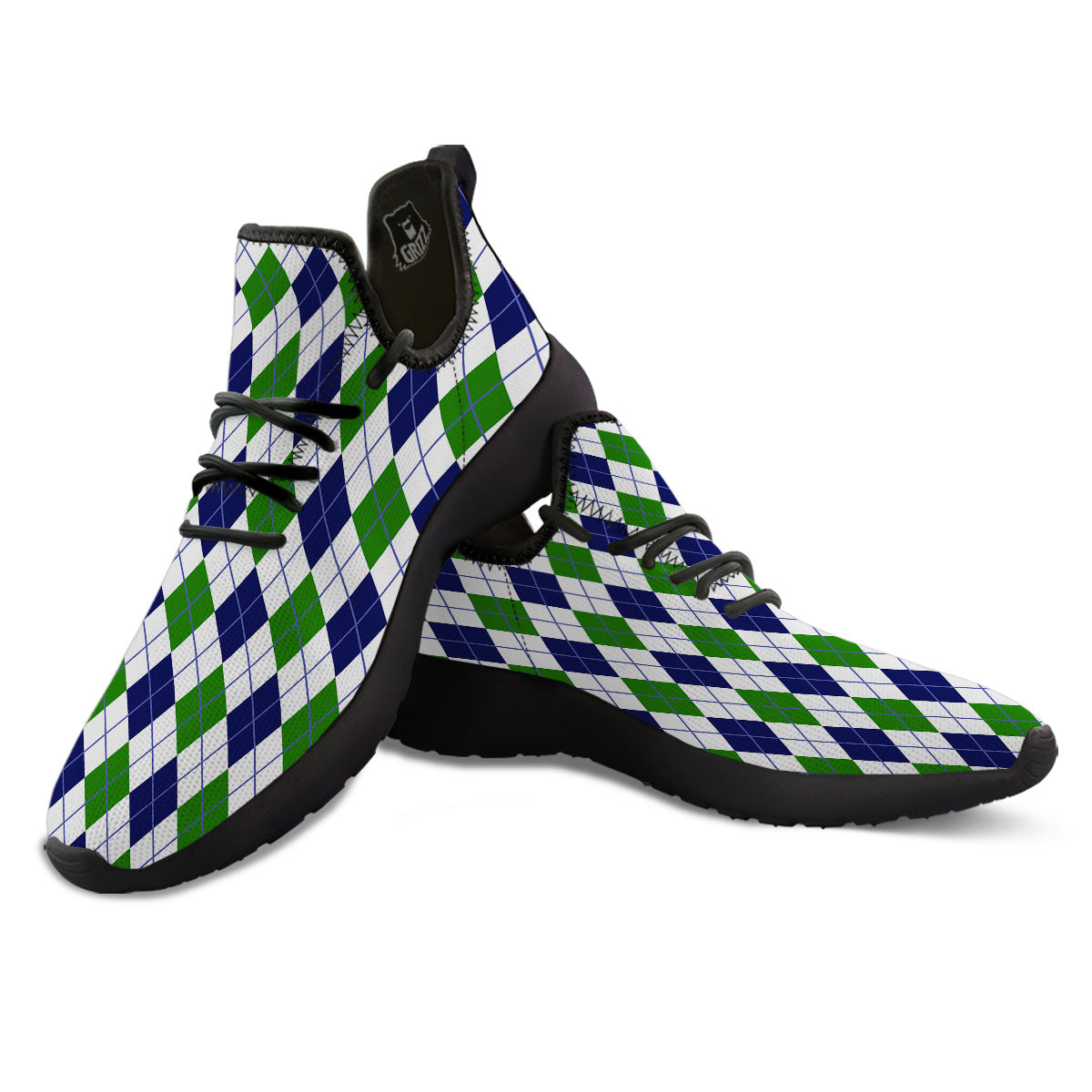 White Green And Navy Argyle Print Black Athletic Shoes-grizzshop