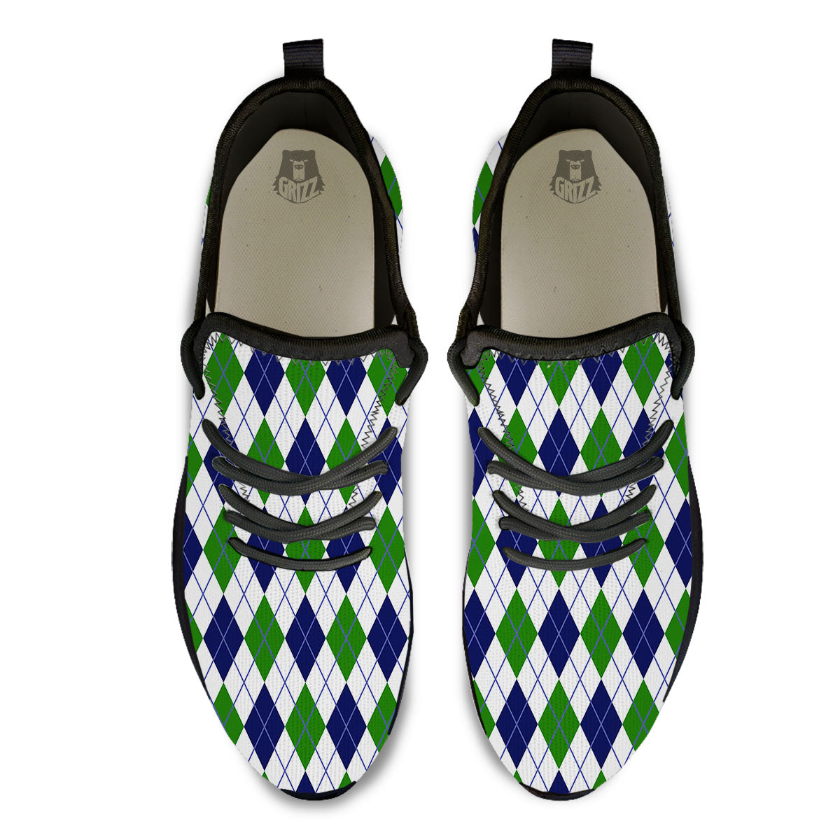 White Green And Navy Argyle Print Black Athletic Shoes-grizzshop