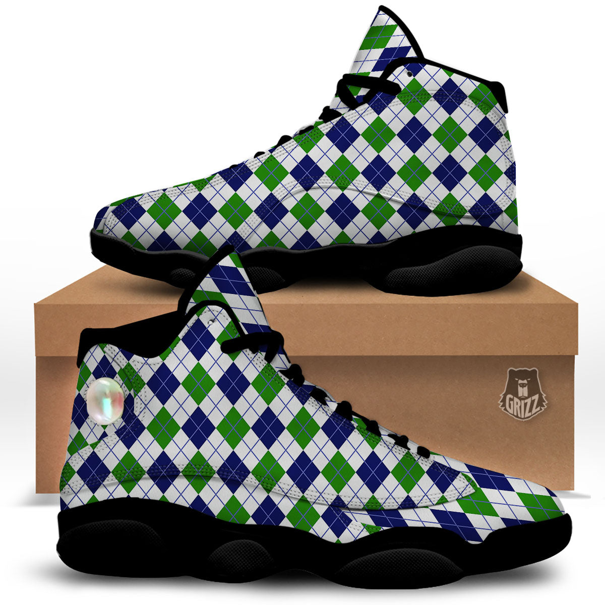 White Green And Navy Argyle Print Black Basketball Shoes-grizzshop