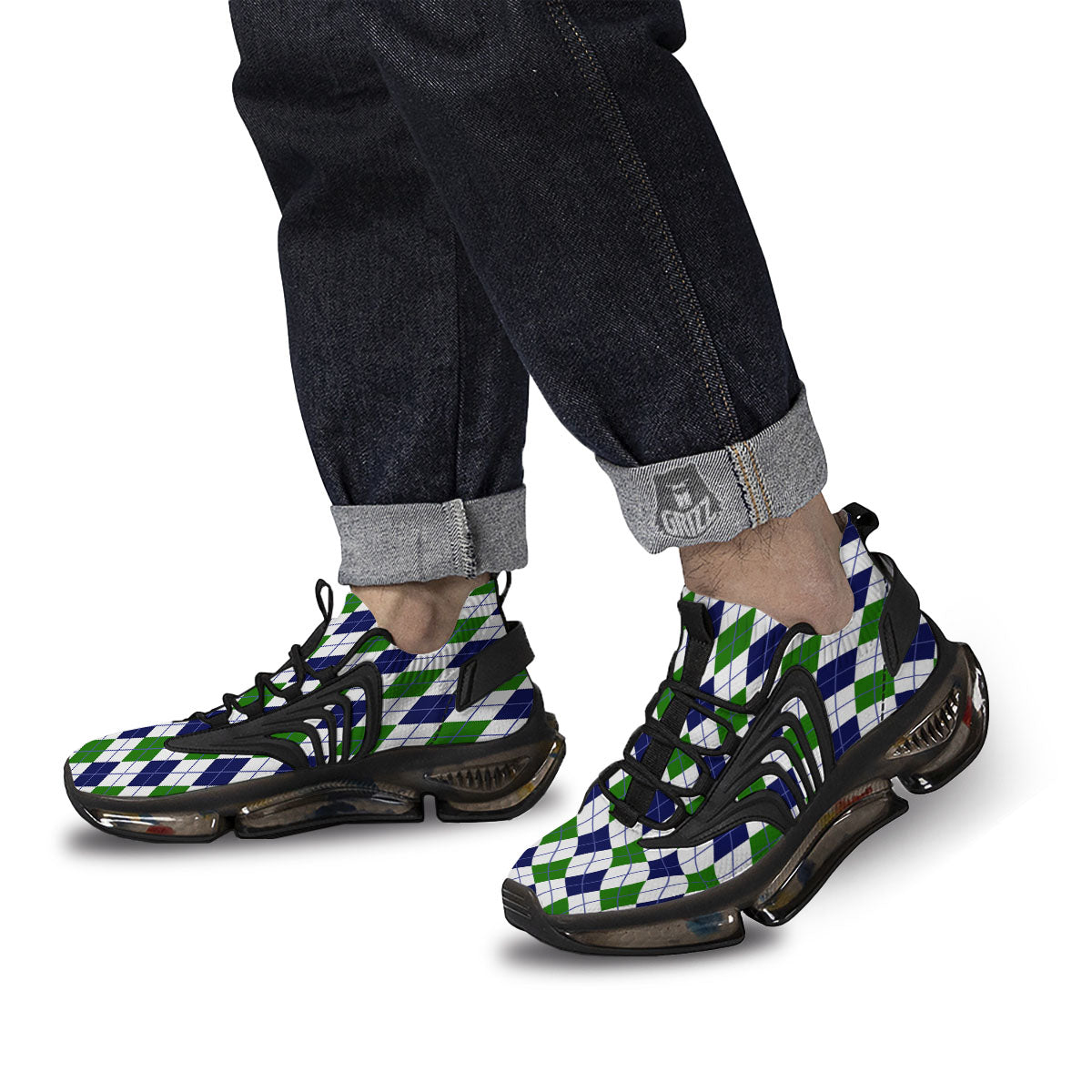 White Green And Navy Argyle Print Black Gym Shoes-grizzshop